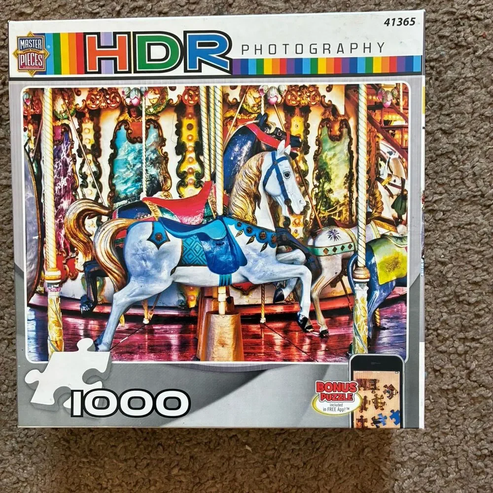 Lot of 5 Jigsaw Puzzles 1000 Pieces Cats Horses Wolf Carousel Horse Lighthouses
